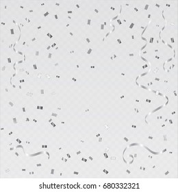 Celebration Event & Birthday Background With Many Falling Silver Tiny Confetti And Ribbons. Vector Illustration