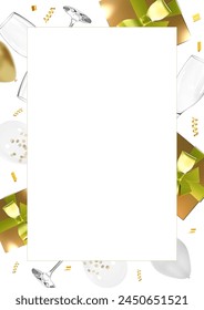 Celebration event design with realistic golden gift box, balloons, champagne glasses and confetti vector