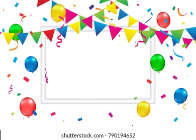 Celebration Event & Happy Birthday Banner Background With Colorful Party Flags And Many Falling Confetti And Ribbon. Multicolored. Vector