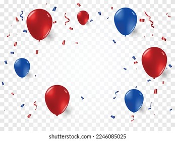 Evento de celebración y fondo de fiesta con globo azul rojo y confetti de fondo blanco.  El concepto de color de la bandera estadounidense. Vector