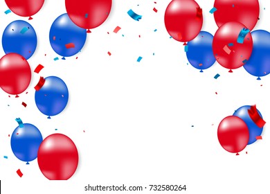  Celebration Event and Party Background With Red Blue Balloon And Confetti On White Background.  American or chile flag color concept. Vector