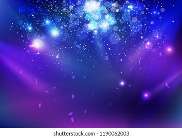 Celebration, event, stars dust and confetti falling, blue night explosion glowing light on stage concept abstract background vector illustration