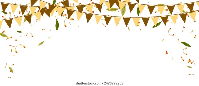 Celebration fair banner or background with bunting garland flag, confetti and leaf isolated vector illustration