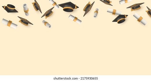 Celebration falling graduation cap and diploma. Education, degree ceremony concept. Vector illustration.