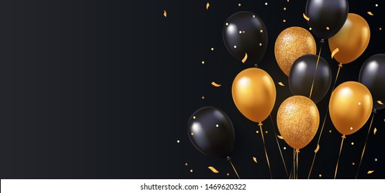 Celebration, Festival Background With Helium Balloons. Greeting Banner Or Poster With Gold And Black Realistic 3d Vector Flying Balloons. Celebrate A Birthday Poster. Happy Anniversary Card. 