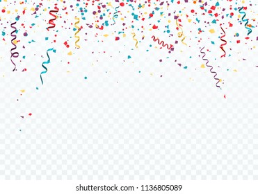 Celebration or festival background template with falling confetti and ribbons. Vector illustration isolated on transparent background