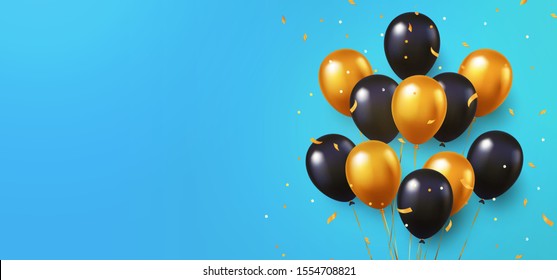 Celebration, festival blue background with helium balloons. Greeting banner or poster with gold and black realistic 3d vector flying balloons. Celebrate a birthday poster. Happy anniversary card. 