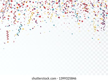 Celebration or festival colorful background template with falling paper confetti and ribbons. Vector illustration isolated on transparent background