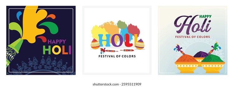 Celebration of the festival of colors in India. Happy Holi greeting card with traditional Indian mandala. Colorful powder and color splashes that symbolize happiness. Happy Holi concept.