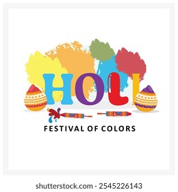 Celebration of the festival of colors in India. A splash of color with traditional decor. Holi hai concept. Flat vector illustration.