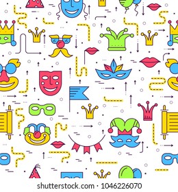 Celebration festival holiday party equipment thin lines illustrationss set. Vector masquerade carnival collection design seamless pattern concept.