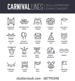 Celebration festival holiday party equipment thin lines icons set. Vector masquerade carnival collection design illustrations concept