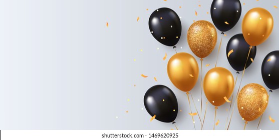 Celebration, festival white background with helium balloons. Greeting banner or poster with gold and black realistic 3d vector flying balloons. Celebrate a birthday poster. Happy anniversary card. 