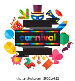 Celebration festive background with carnival flat icons and objects.