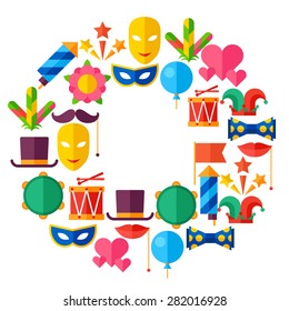 Celebration festive background with carnival flat icons and objects.