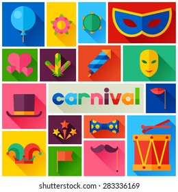 Celebration festive background with carnival flat icons and objects.