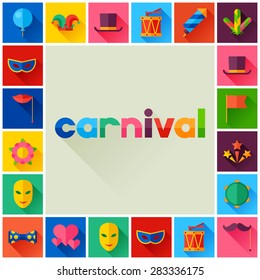 Celebration festive background with carnival flat icons and objects.