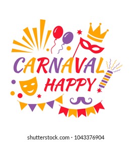 Celebration festive background with carnival icons and elements of the Venetian or Brazilian carnival. Colorful banner. flat vector illustration isolated on white background