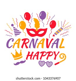 Celebration festive background with carnival icons and elements of the Venetian or Brazilian carnival. Colorful banner. flat vector illustration isolated on white background