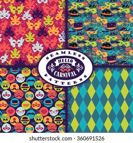 Celebration festive background with carnival icons and objects. Vector seamless patterns