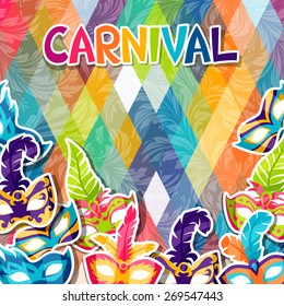 Celebration festive background with carnival masks stickers.