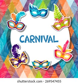 Celebration festive background with carnival masks stickers.