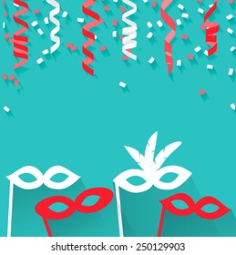 Celebration festive background with confetti, hanging pennants and carnival masks, vector illustration 