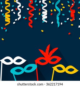 Celebration festive background with confetti, hanging pennants and carnival masks, vector illustration