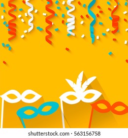 Celebration festive background with confetti, hanging pennants and carnival masks