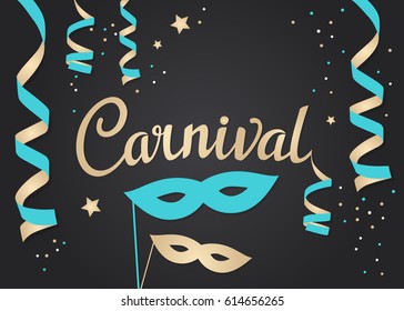Celebration festive background with confetti, hanging pennants and carnival masks. Carnival card template vector illustration