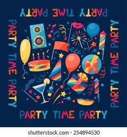 Celebration festive background with party icons and objects.