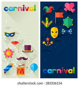 Celebration festive banners with carnival flat icons and objects.