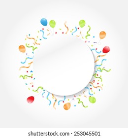 Celebration festive circle frame, background with confetti, hanging pennants and balloon text can be add, vector illustration