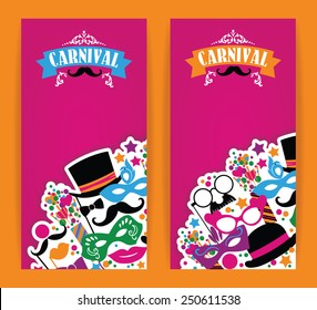 Celebration festive flyer with carnival icons and objects. Vector illustration