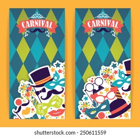 Celebration festive flyer with carnival icons and objects. Vector illustration
