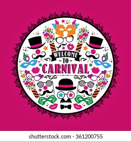 Celebration festive illustration with carnival icons and objects. Vector Design  for Banners, Flyers, Placards, Posters and other use.