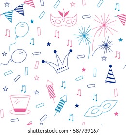 Celebration festive seamless background with carnival icons and objects. Vector masquerade on white background