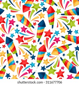 Celebration festive seamless pattern with colorful fireworks.