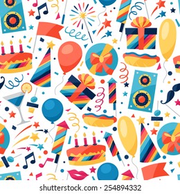 Celebration festive seamless pattern with party icons and objects.