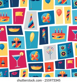 Celebration festive seamless pattern with party icons and objects.