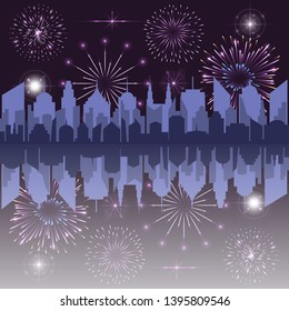Celebration and festivity concept with city silhouette stars and fireworks. Vector illustration