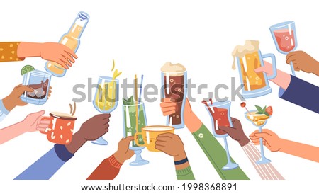 Celebration and festivity, isolated hands holding beverages and drinks in cups and glasses. Alcohol and coffee, tea in mug. Cheers poster or banner with copy space for text. Flat cartoon vector