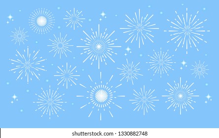 Celebration fire firework, christmas or mardi gras or brazil carbival pyrotechnics for party festival celebration or anniversary firecracker background isolated vector set