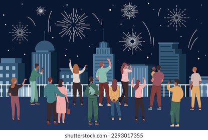 Celebration firework concept. Men and women stand on bridge and look at night sky with flashes and explosions. Holiday and festival. Party at city or town. Cartoon flat vector illustration