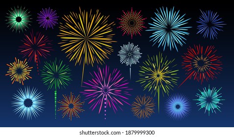 Celebration fireworks bursts. Beautiful simple festival pyrotechnic explosions, bright colours vector firework set, winner victory and anniversary cheers firecrackers isolated on dark