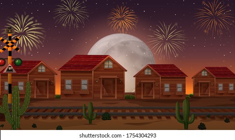Celebration fireworks with countryside background illustration