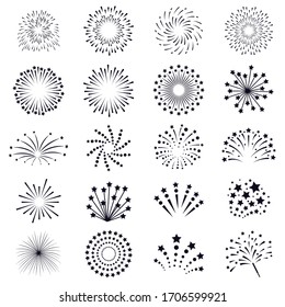 Celebration Fireworks. Firework Explode, Celebration Party Firework Explosion, Festival Fireworks. Carnival Firecracker Vector Icons Set. Carnival Celebration Party, Celebrate Star Black Illustration