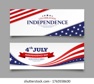 Celebration flag of america independence day banners collections design red and blue background, vector illustration