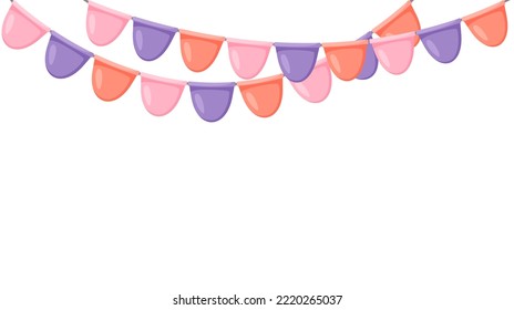 Bandera de celebración en el amarre. Cadena rosa, violeta y anaranjada. Banderas de fiesta de decoración para boda, cumpleaños, ducha de bebé, ducha de novia, Navidad. Vector al estilo de las caricaturas