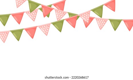 Bandera de celebración en el amarre. Cadena de colgantes rosas y verdes. Banderas de fiesta de decoración para boda, cumpleaños, ducha de bebé, ducha de novia. Fondo del pie o del banner